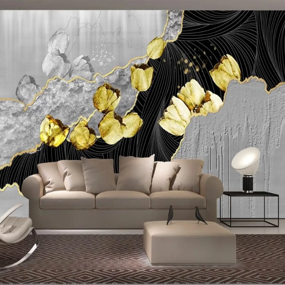 Пользовательские Большие Настенные обои 3D современная мода золотые тюльпаны