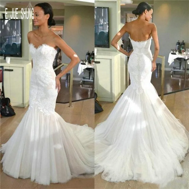 

E JUE SHUNG Sexy Wedding Dresses Lace Mermaid Bridal Gowns Sweetheart Neck Open Back Appliques Wedding Gowns Vestido De Noiva