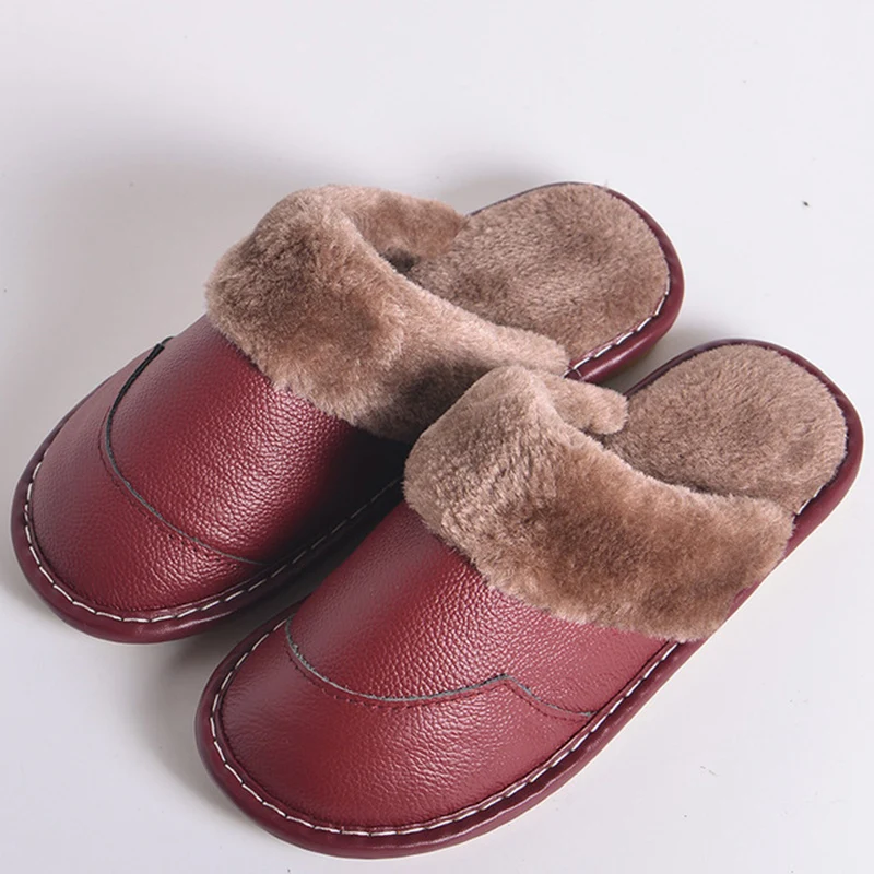 Мужские зимние кожаные тапочки домашние Нескользящие мужские теплые хлопковые