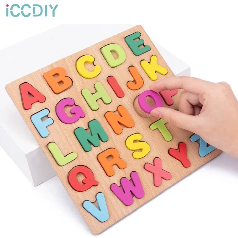 

1 PC 20cm Wooden Board with Colorful Alphabet Number 3D Puzzle Kids Early Educational Toy Matching Letter Family Game