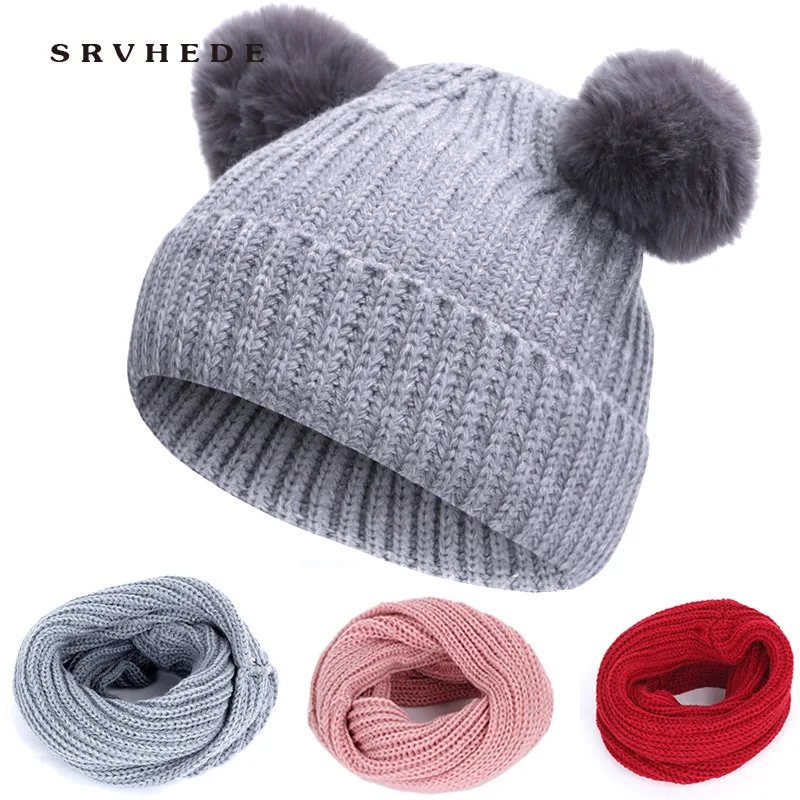 Зимняя шапка вязаная однотонная Милая с помпоном плотная бархатная зимняя