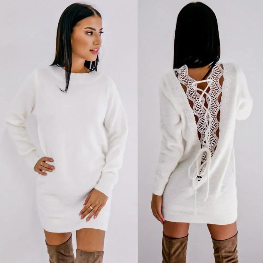 Женское облегающее платье с открытой спиной круглым вырезом длинными рукавами и