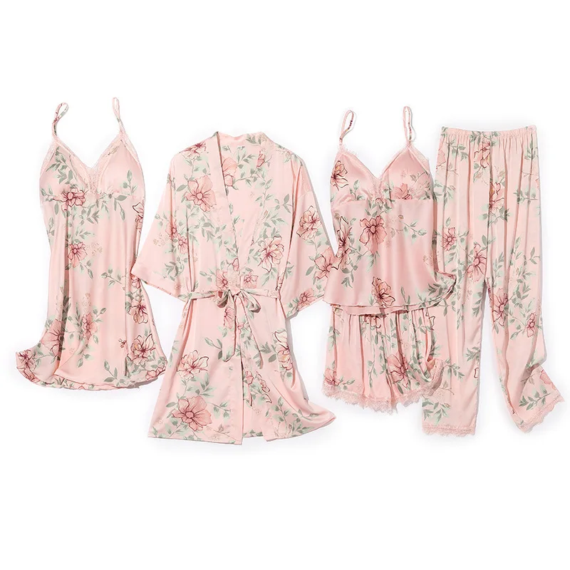 

Summer Satin Pyjamas Sleepwear Loose Thin Sleep Set Printed Flower 5PCS Pajamas Suit Lady Sexy Kimono Robe Gown Casual Nightwear