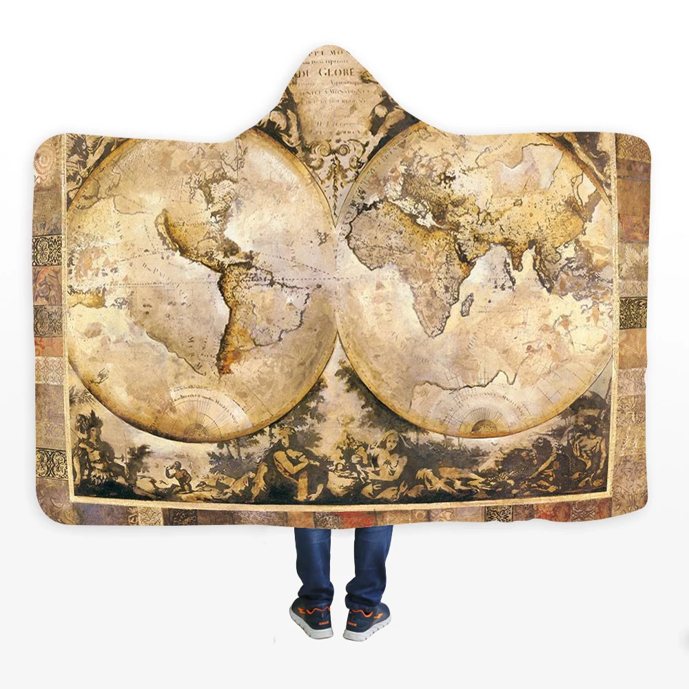 Одеяло с капюшоном и принтом карты мира в стиле ретро очень теплое флисовое