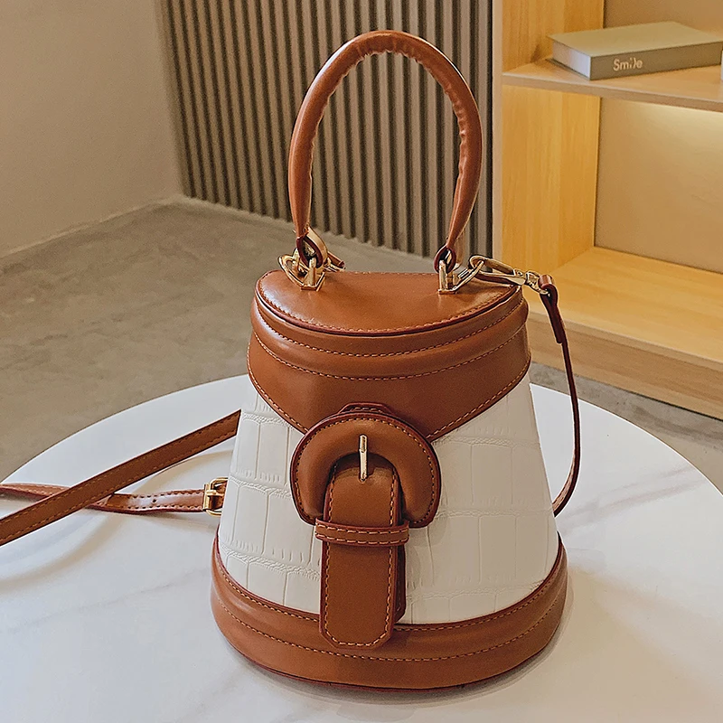 

New Crocodile Pattern Bucket Bags For Women Stitching Color Luxury Handbags Lady Fashion Branded Design Messenger Shoulder Bag