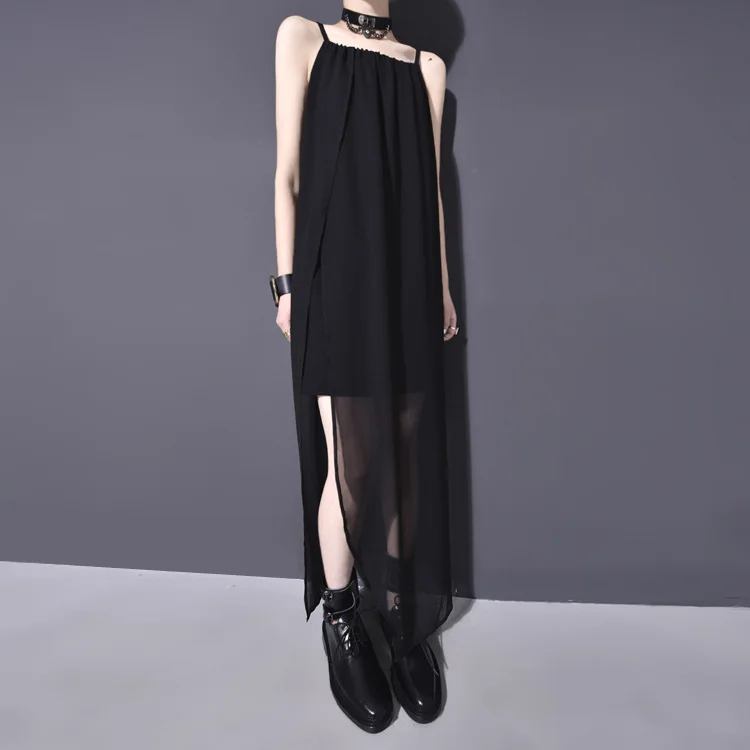 Асимметричное Платье с лямкой на шее черное шифоновое длинное платье бретелях