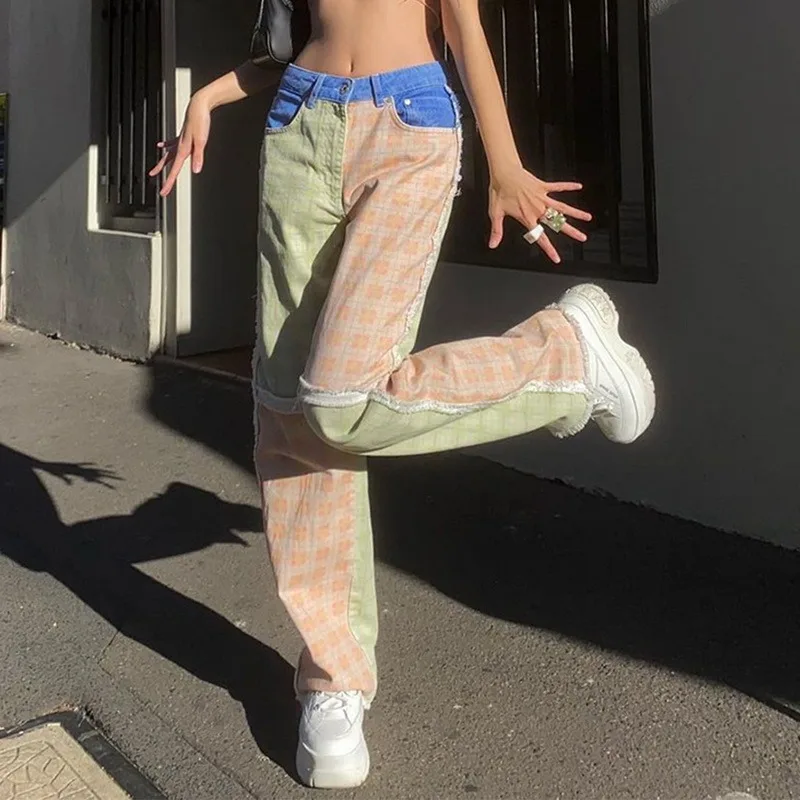 

Women's Print Plaid Stacked Straight Trousers Patchwork Vintage Plaid High Waist Jeans Spring Autumn Fashion Harajuku Streetwear