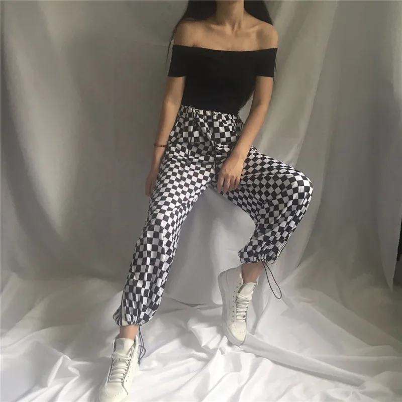Ins/Модные свободные широкие брюки в стиле Харадзюку с клетчатой доской Черные и