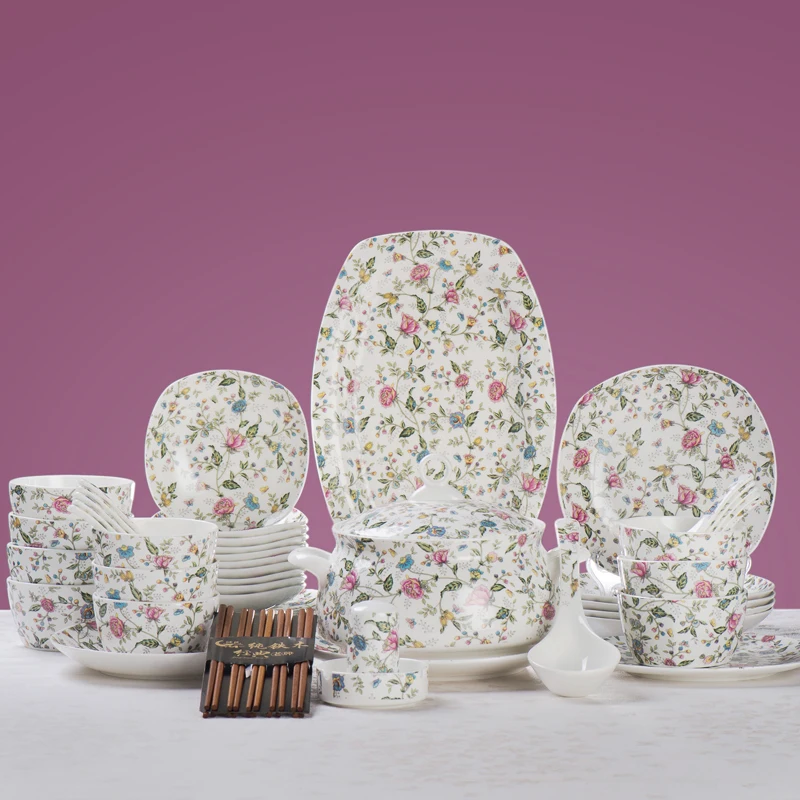 

Tangshan. Korean. Square. Bone china tableware. 56 pieces. Set bowls and dishes. Custom bowl set. Gift giving