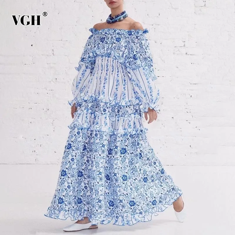 

VGH Casual Hit Color Dress For Women Slash Neck Lantern Long Sleeve High Waist Patchwork Ruched A Line Maxi Dresses Female Style