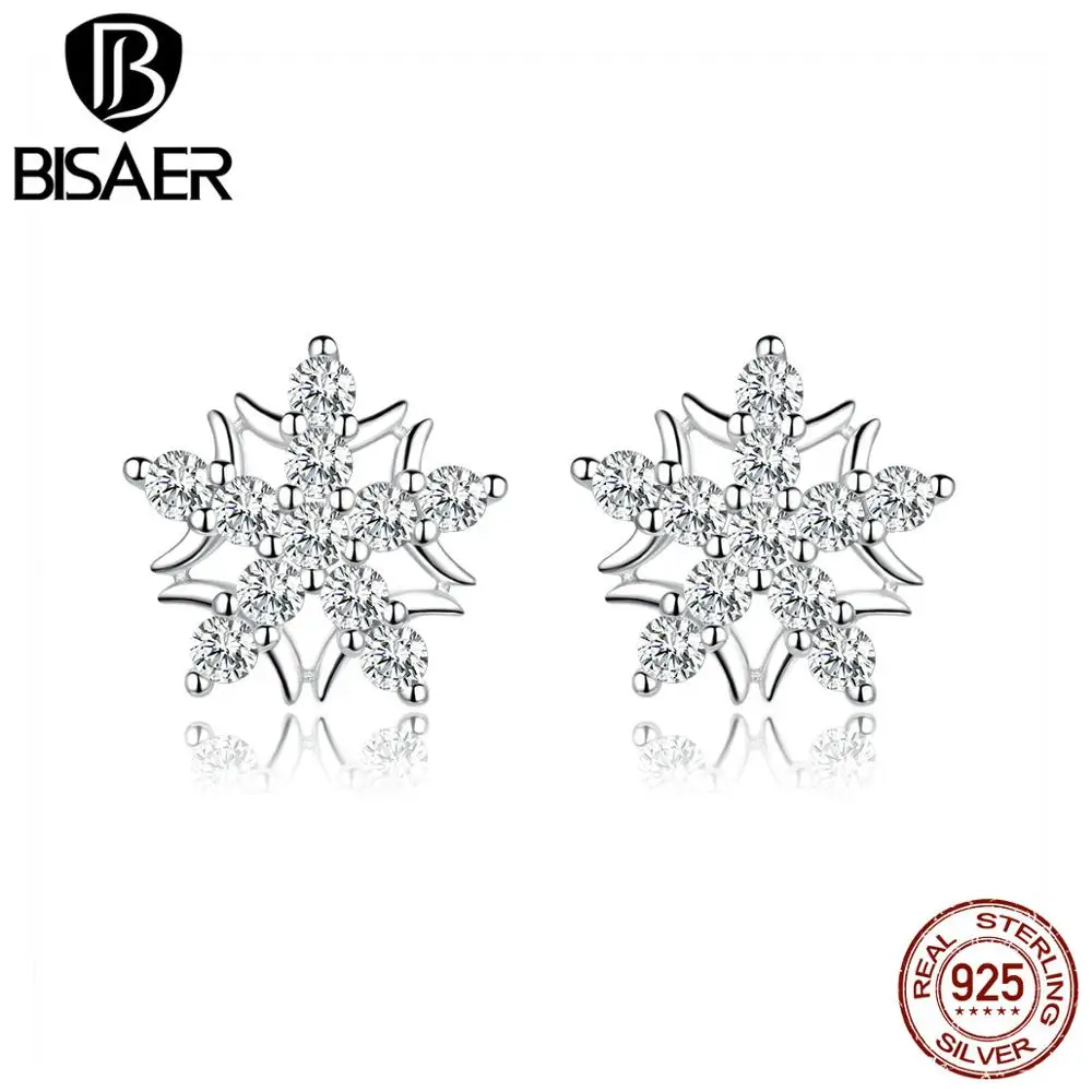 BISAER роскошные 925 пробы серебряные сверкающие серьги-гвоздики со снежинками для женщин Свадебные модные серьги Bijoux GAE228