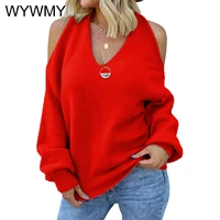 wywmy autumn women sweater v neck off shoulder streetwear fashion lantern sleeve casual solid knit pullover female cross sweater