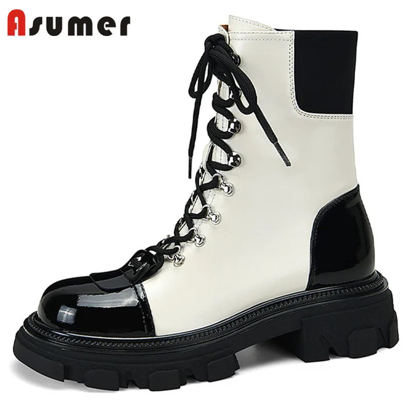 

Asumer 2022 New Fashion Motorcycles Boots Women Genuine Leather Shoes Mixed Color Lace Up Flat Platform Shoes Women Ankle Boots