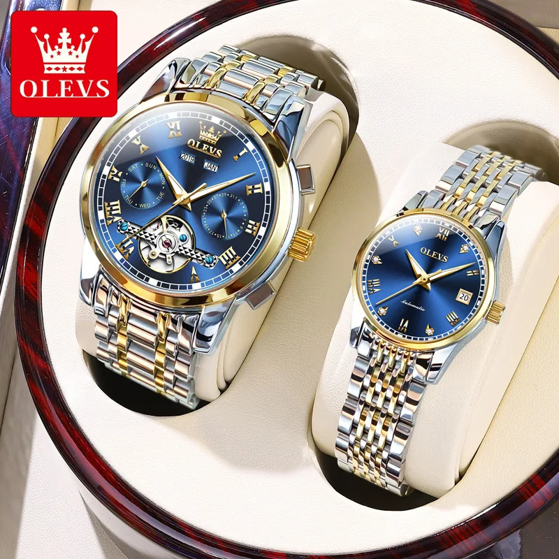 OLEVS couple watches pair men and women Top luxury waterproof automatic mechanical watch diamond watch relogio his and hers gift
