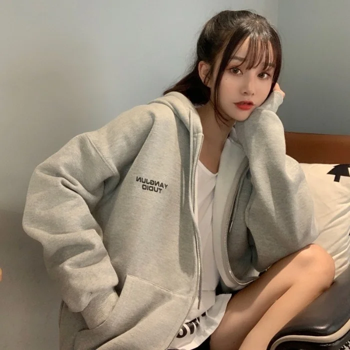 

2021 Autumn New Zip Up Letter Hoodies Japanese Style Women Loose Sweatshirt Coat Korean Oversize Harajuku BF Streetwear Unisex