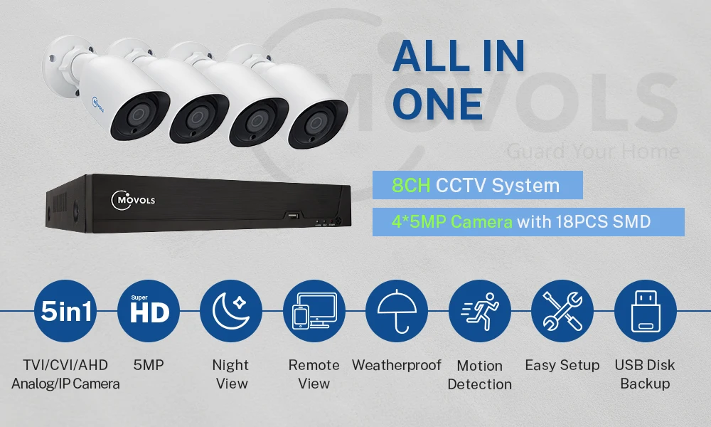 MOVOLS H.265 система видеонаблюдения 5MP HD H.265 DVR 4 шт. CCTV камера ночного видения Водонепроницаемая камера безопасности комплект