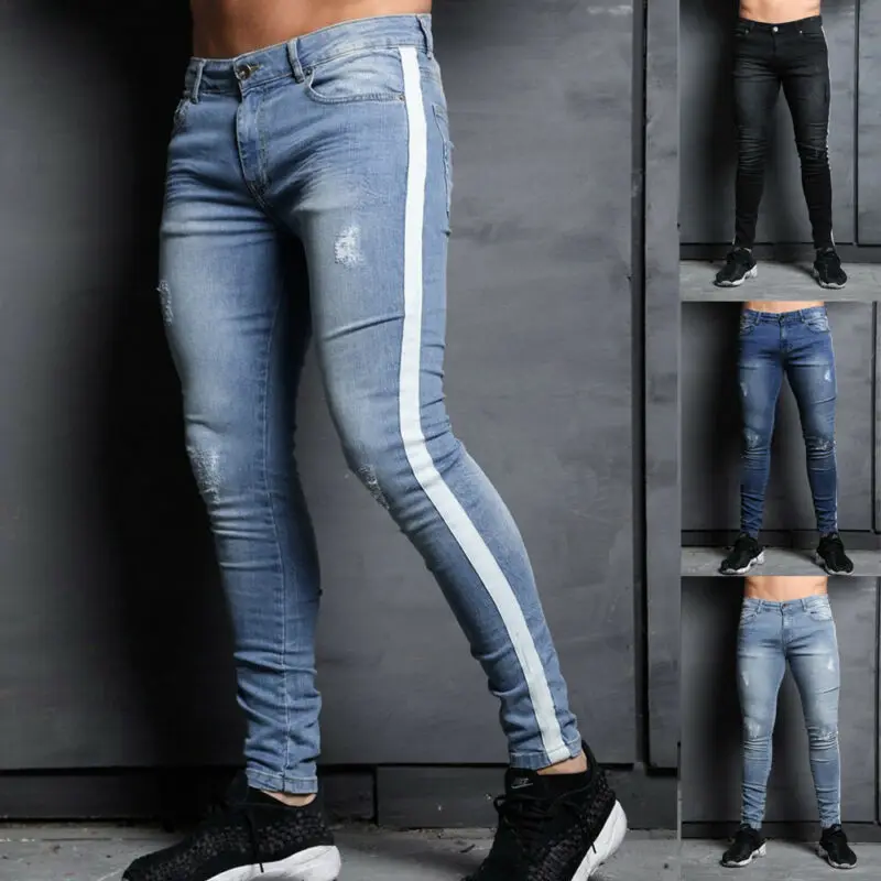 

Men Skinny jeans Pant Casual Trousers Fashion Denim black jeans homme stretch Side Striped pencil Pants fit streetwear 3XL