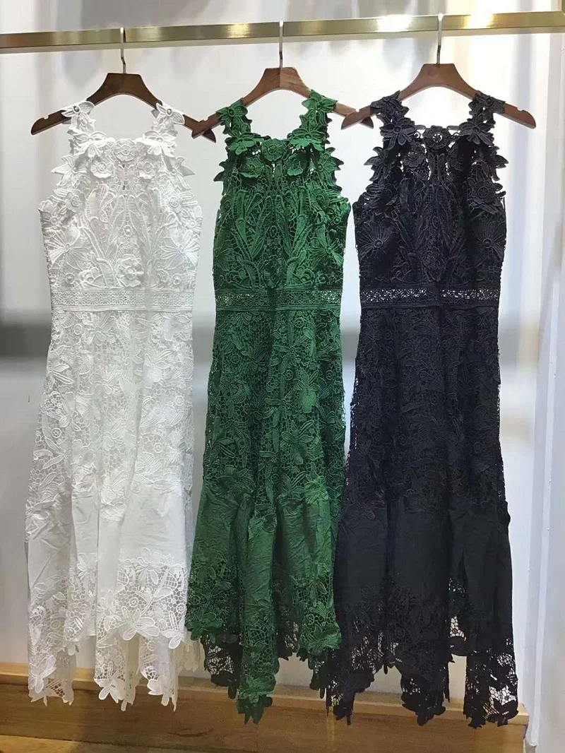

Quality New Top 2021 Summer Long Dress Women Spaghetti Strap Hollow Out Lace Embroidery Elegant White Green Black Maxi Dress