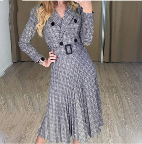 Женское клетчатое платье-блейзер с V-образным вырезом и длинным рукавом | Женская