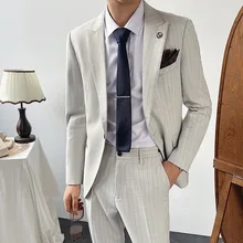 OIMG Men's casual suit dark stripe suits men's business suits two-piece Korean suits men's suits (3)