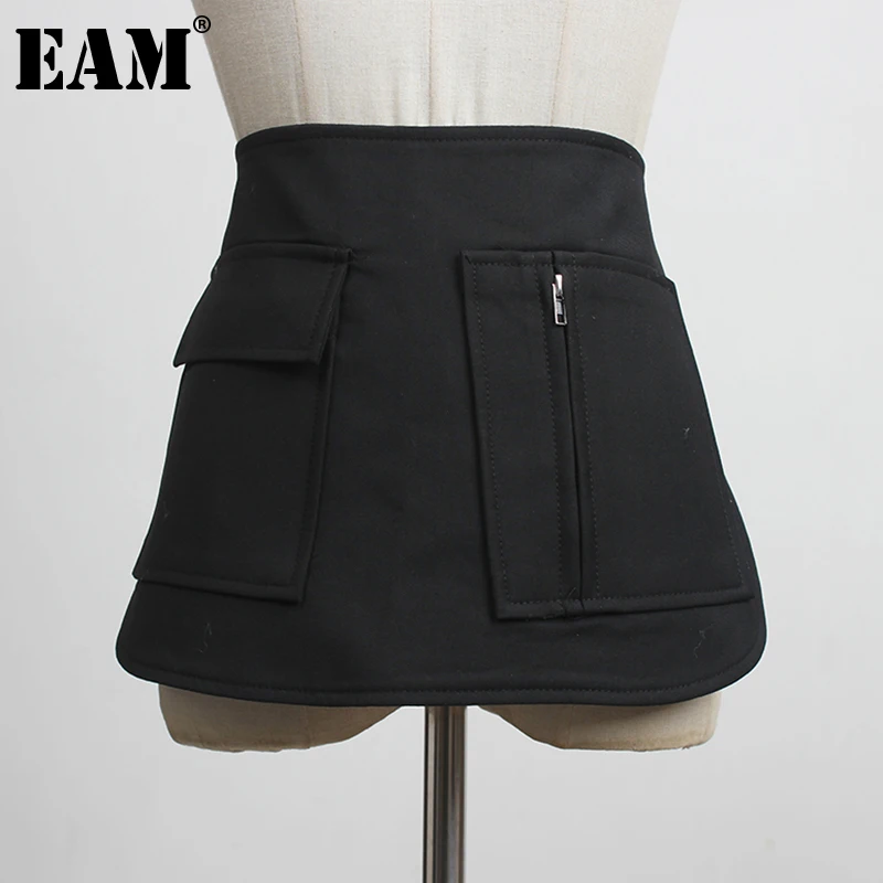 [EAM] Asymmetrical Pockets Split Joing Wide Black Belt Personality Women New Fashion Tide All-match Spring Autumn 2023 1DD3190