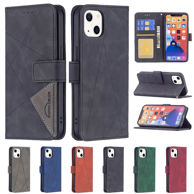 

For iPhone 13 Pro Max 12 11 Pro XS XR X PU Leather Flip Card Wallet Case For iPhone 8 7 Plus 6 6s Plus Splicing Geometric Cover