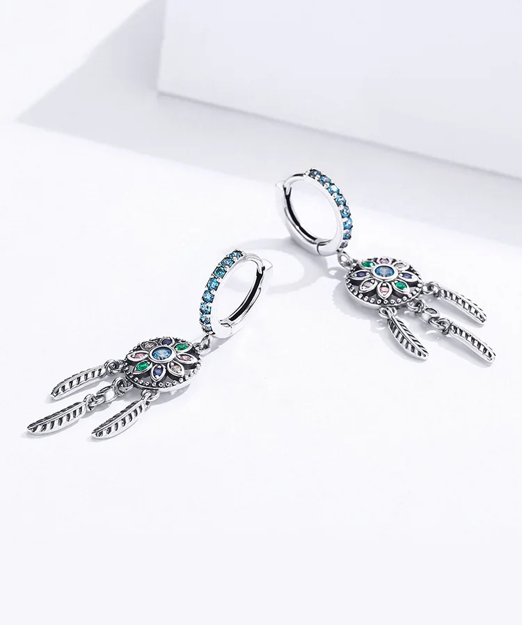 Bamoer Bohemia Ловец снов Висячие серьги для женщин Boho Стиль 925 пробы серебряные Модные Ювелирные изделия Подарки SCE713