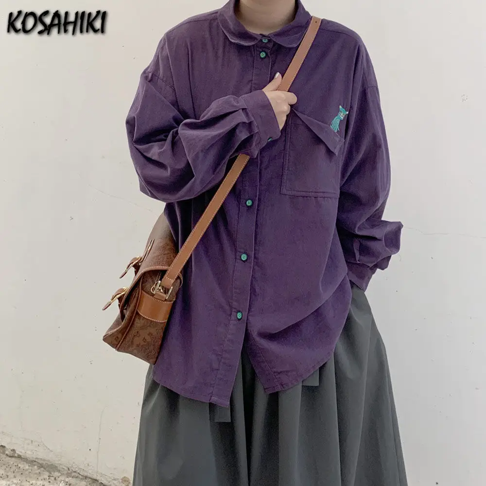 

Вельветовые Блузки и рубашки koshiki для женщин, уличная одежда, модные топы с длинным рукавом и вышивкой карманами в стиле Харадзюку, Ins Blusas 2021