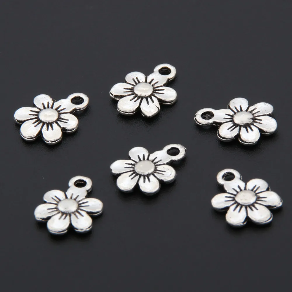 

50pcs Silver Color Cute Flower Beads Charms Plants Nature Pendant Bracelet Necklaces Jewelry Wholesale A3357
