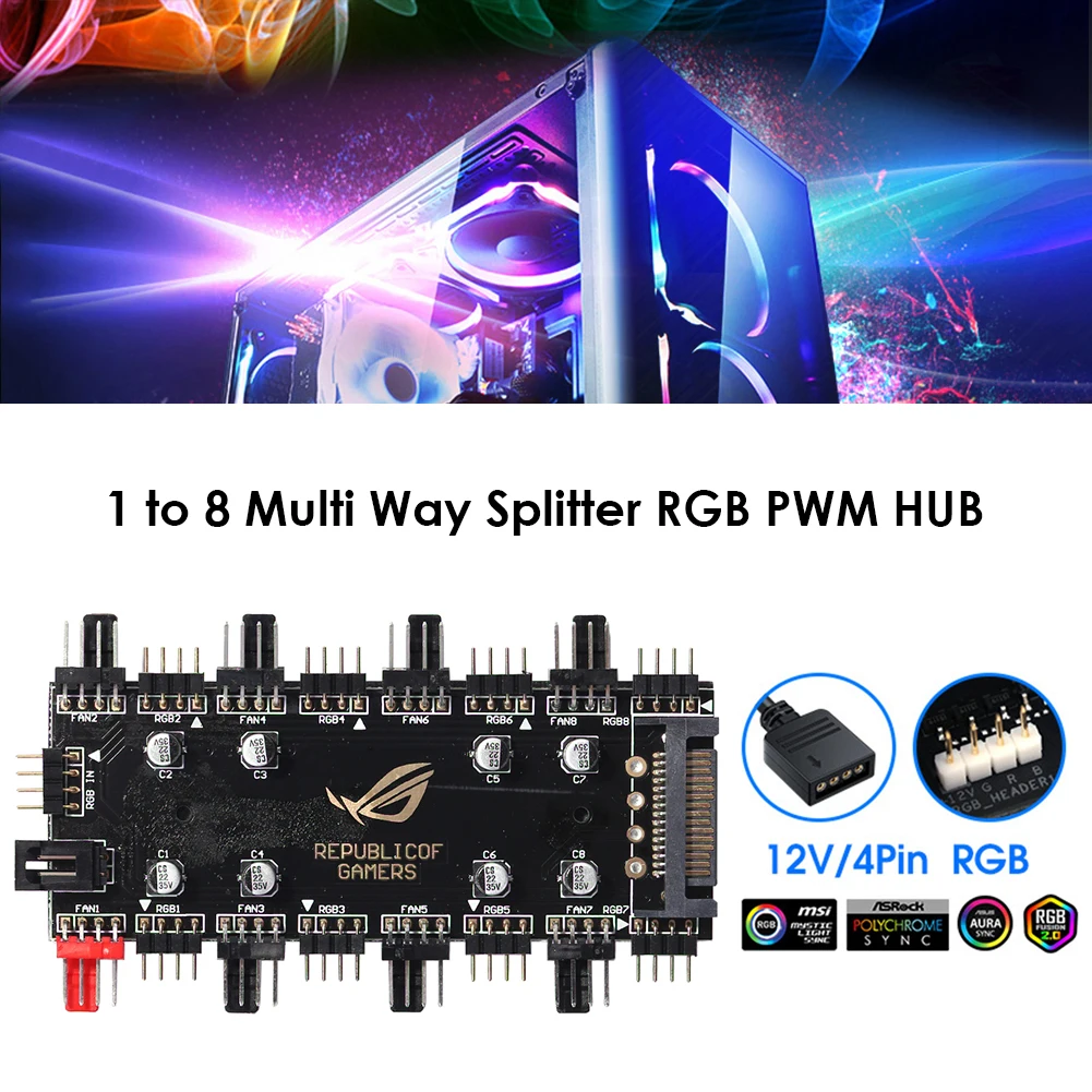 1 To 8 Way Splitter Cooler Cooling Fan RGB PWM HUB for Motherboard 4 Pin 12V LED Strip Light Adapter Powered By SATA/Large 4D | Компьютеры