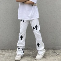 high street leather cross embroidery vibe casual trousers men and women straight loose black white oversize track pants