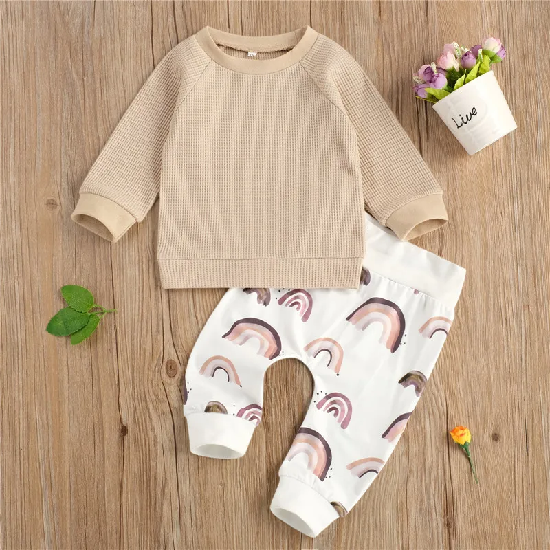 

Newborn Baby Boys 2 Pcs Infant Casual Outfits Set Long Sleeve Top+Rainbow Print Pants Set for Kids Boys