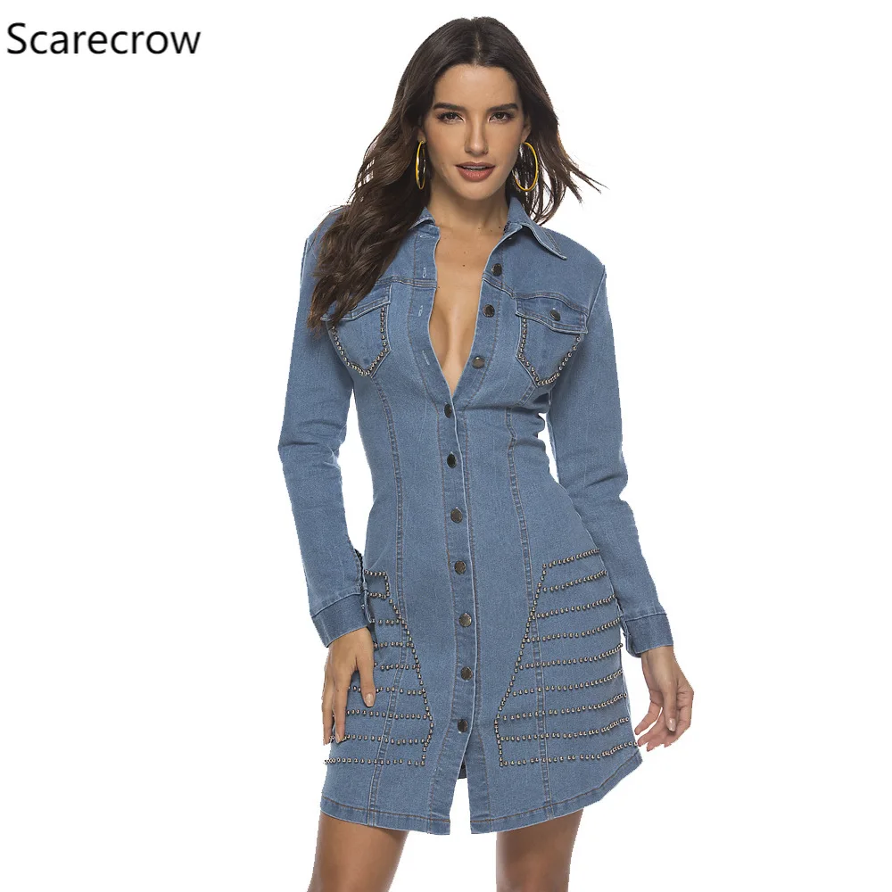 Пугало клепки ногтей джинсовая облегающая бедра платье женское Omighty Клубное