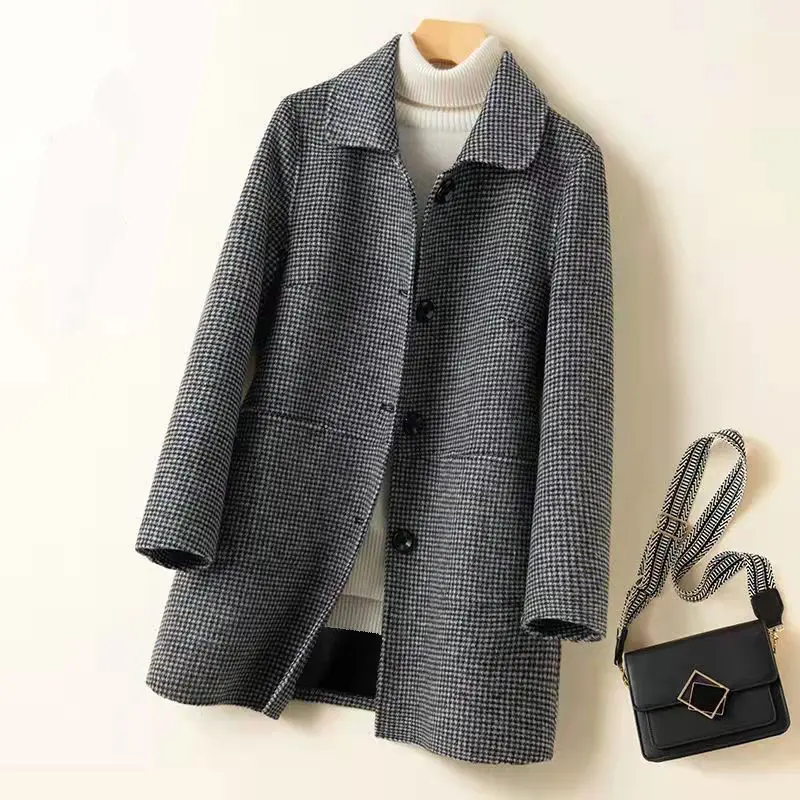 

Autumn Winter New Plaid Woolen Coat Womens Loose Long Wool Jacket Oversized Blazer Female Trench Coats There Are Lining 5XL 2021
