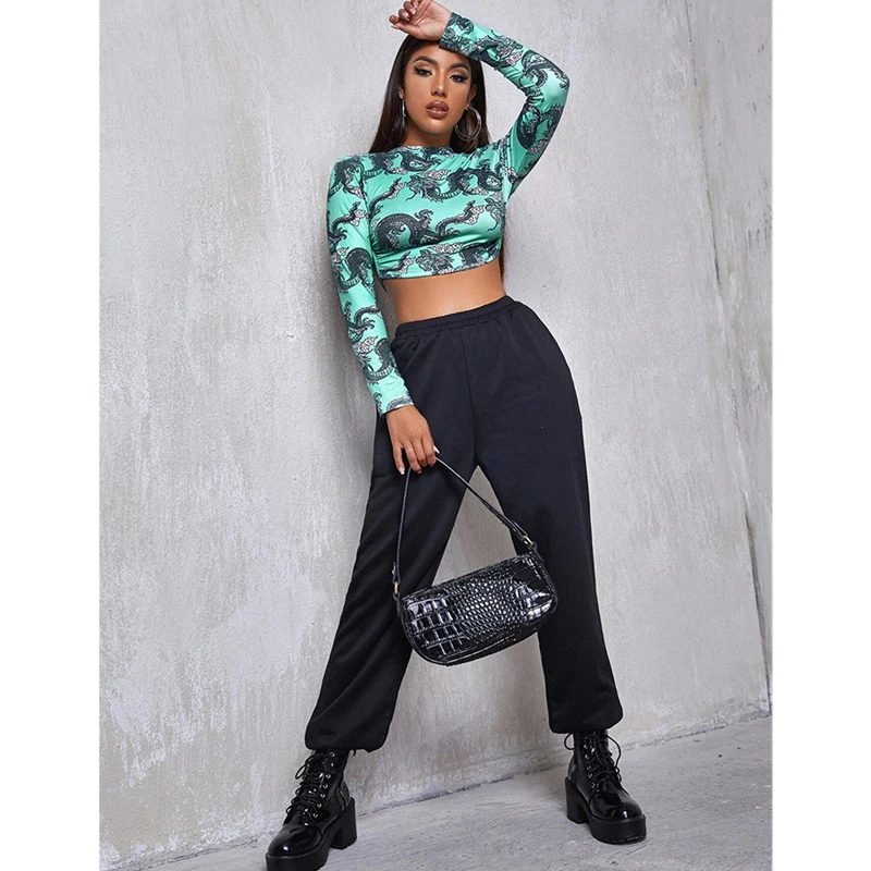 

Женские футболки с принтом дракона, новинка сезона осень-зима 2021, Сексуальная футболка с длинным рукавом и шнуровкой, облегающая эластичная...