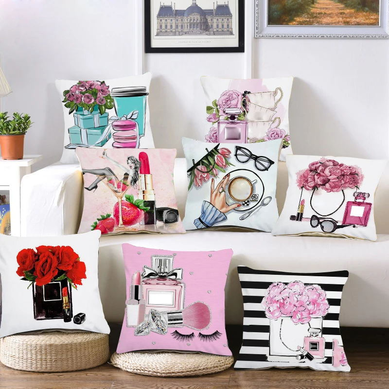 

Plush Hand painted flowers and perfume bottles cushion cover Sofa Pillow Case Home Decor Throw/Couch Pillowcase decorations