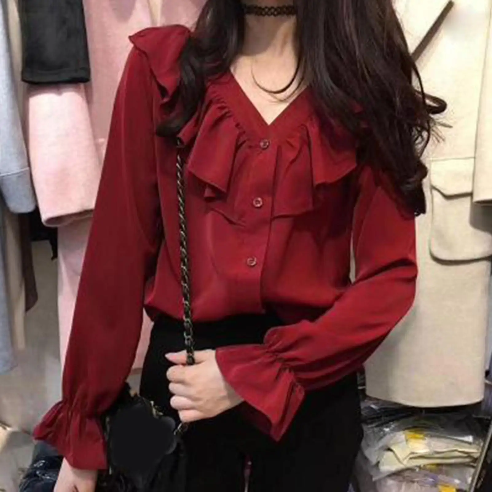 

2020 Women Blouse Shirts Autumn Winter Women Autumn Long Puff Sleeve V Neck Ruffle Hem Shirt Buttons Chiffon Blouse Top