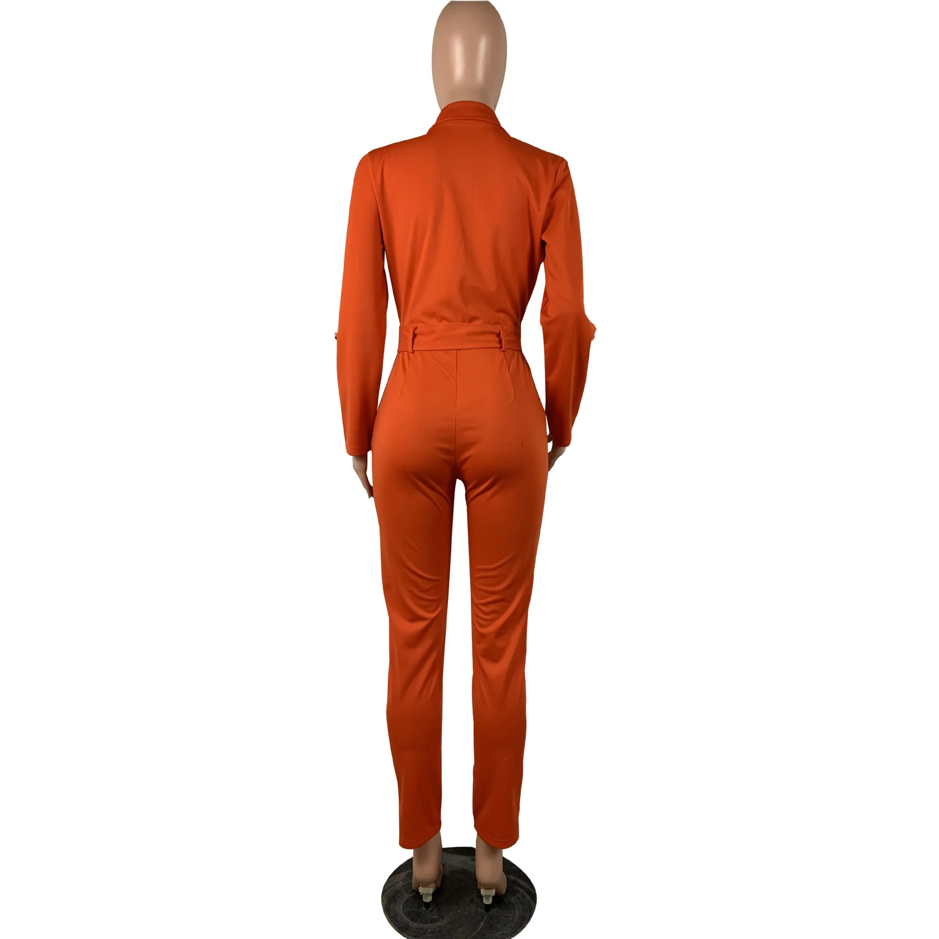 

Autumn And Winter Lapels Pocket Button Belt Cardigan Jumpsuit Solid Color Long Sleeve Lace Empire Skinny Women Jumpsuits