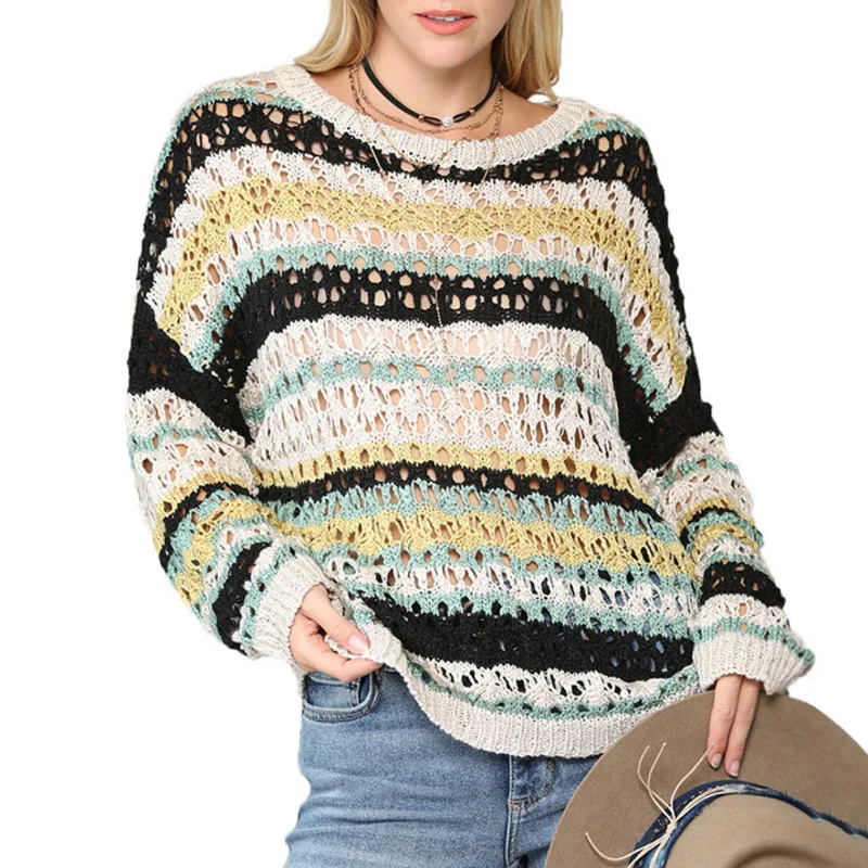 

Beach Cover-ups 2021 Spring Fall New Hollow Knitwear Color Stripes Stitching Sweater Women Tops Long Sleeve Casual Pullover