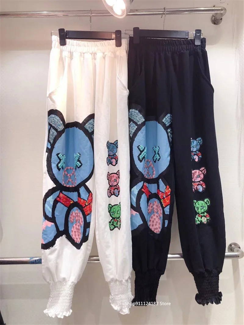 

European Goods Trendy Brand Footwear Casual Pants Women's Summer Heavy Industry Beaded Cartoon Age-Reducing Straight Trousers
