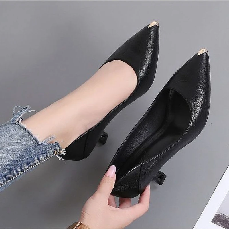 Soft Leather Two-wear High Heel Women's Shoes Autumn Pointed Toe Single Shoes Women Stiletto Iron Toe Black Mid-heel Work Shoes
