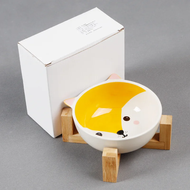 

Pets Bowl Dog Cat Food Water Feeder Puppy Ceramic Drinking Dish Bowl With Wooden Rack Pet Cat Tableware