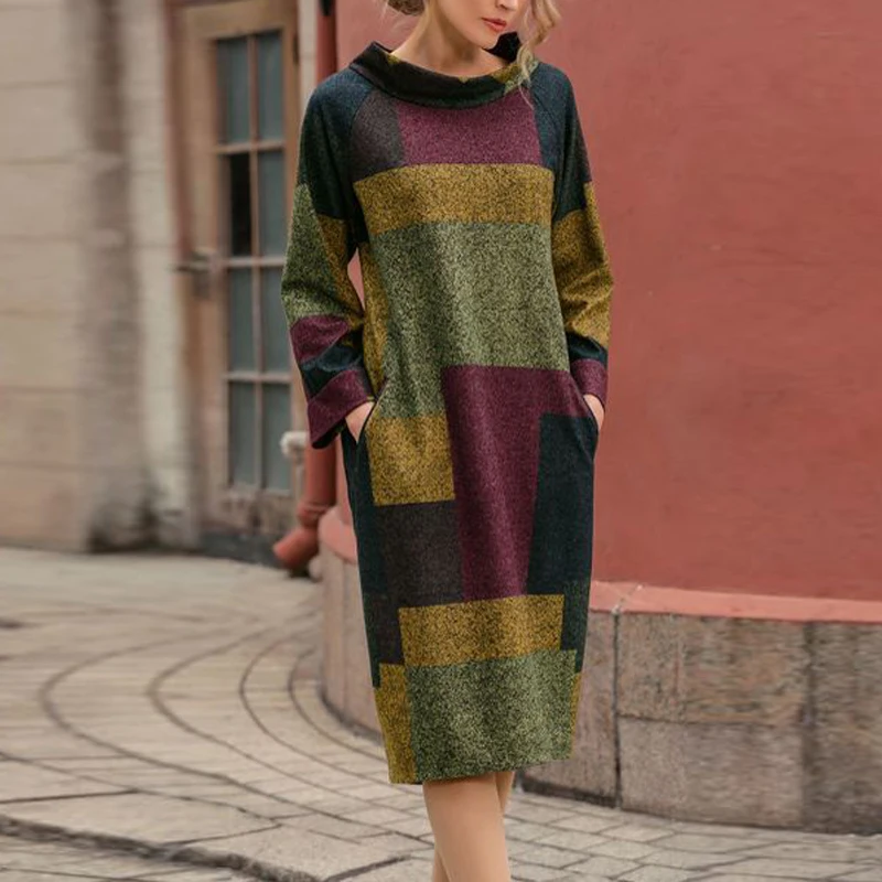 Модное женское платье с длинным рукавом 2020 карманами и круглым вырезом винтажное