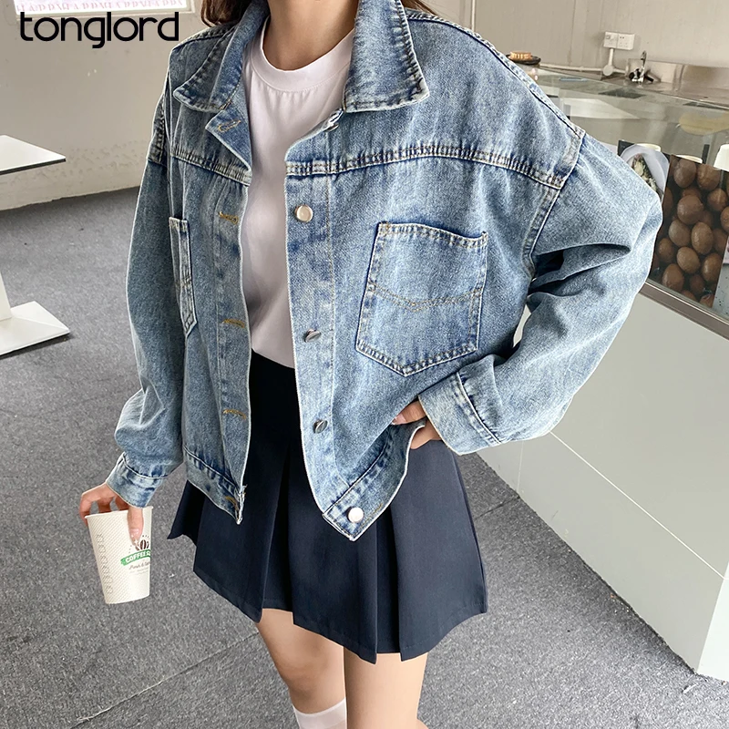 Куртка женская джинсовая в ковбойском стиле свободная короткая с длинным