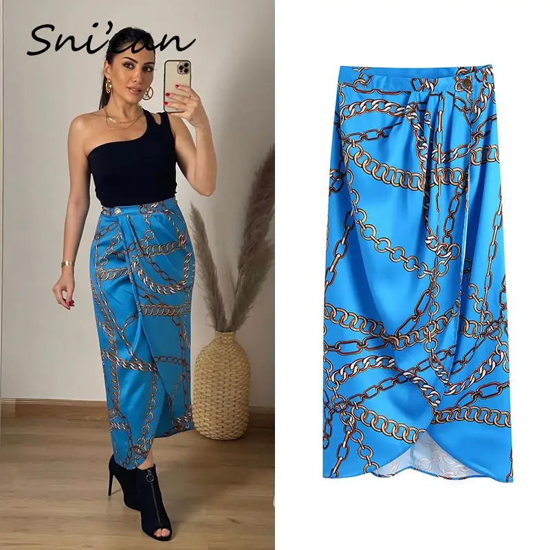 

Za Aymmetrical Long Skirt Fashion Blue Chain Print A Line High Waist Faldas Mujer Summer Female Bottom Satin Jupe Femme 2021 New