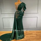 Женское вечернее платье с юбкой годе, элегантное изумрудно-зеленое платье с одним открытым плечом и длинным рукавом, украшенное бусинами, для выпускного вечера, свадебные платья