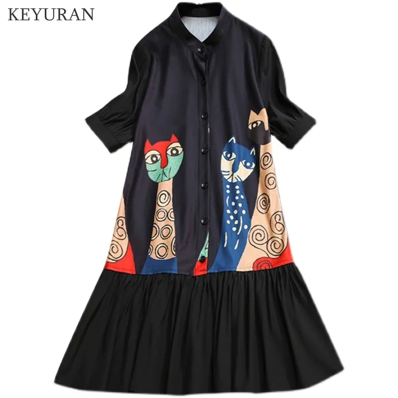 

Plus Size Summer Printed Midi Dress Women's Short Sleeve Fashion Casual Loose Button Ruffles Knee-Length Shirt Dresses Vestidos