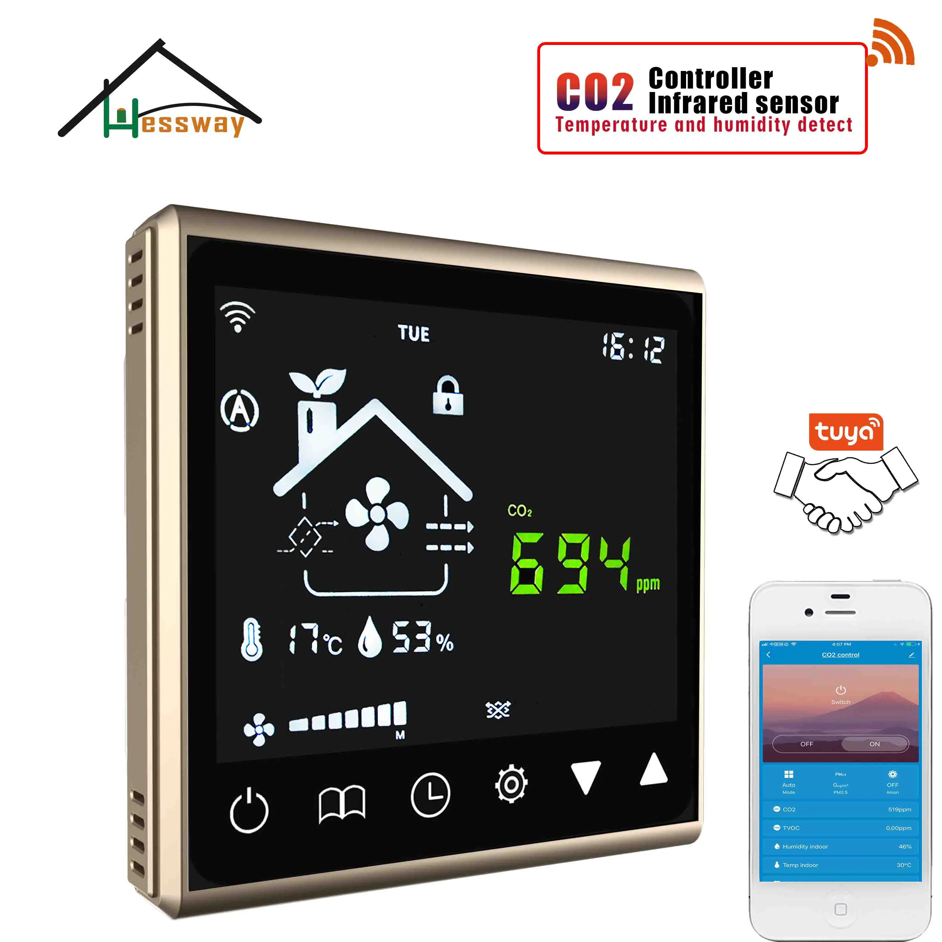 HESSWAY 3 In1 Температура влажности детектор двуокиси углерода Управление WI FI CO2 для