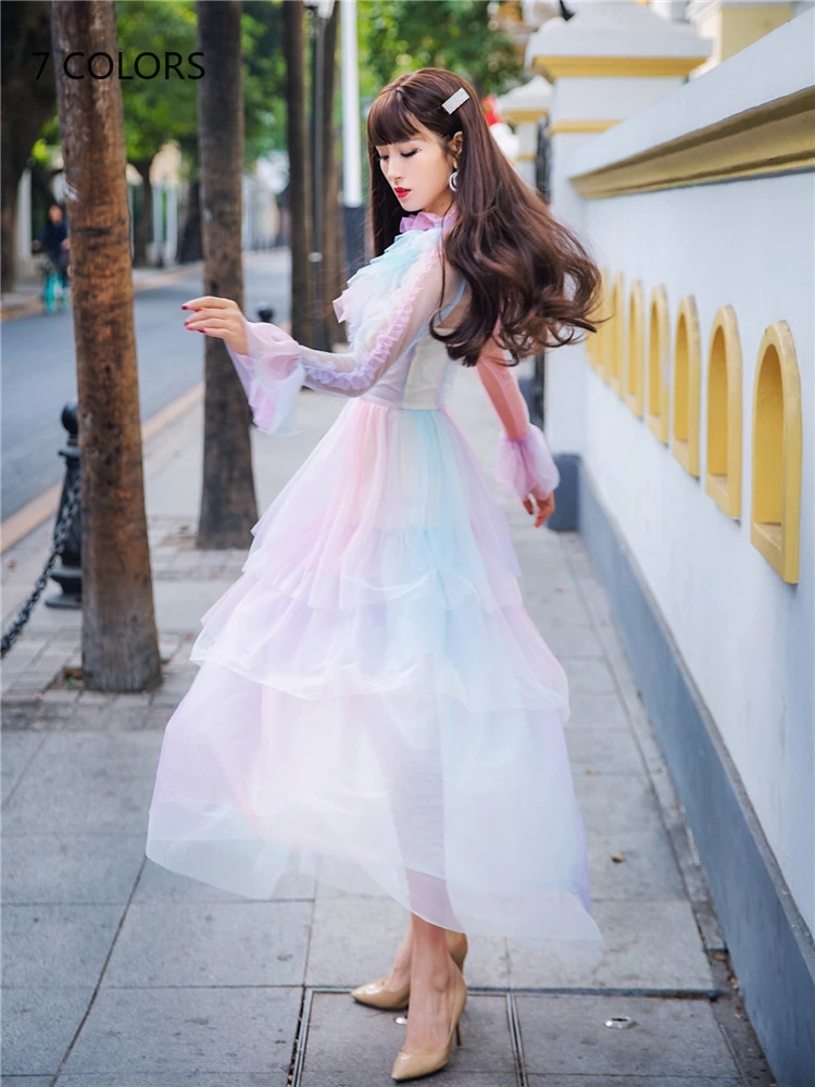 Платье с радужным градиентом весна-лето 2020 сексуальное прозрачное Сетчатое