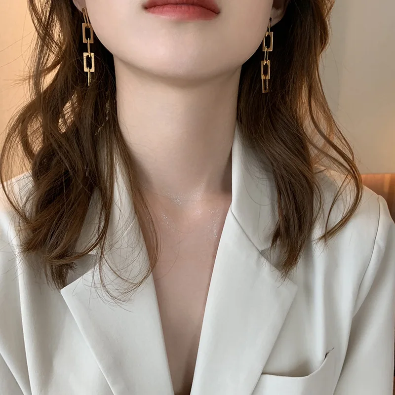 

Korean Fashion Bohemia Geometric Chunky Gold Plating Long Tassel Sterling Silver 925 Needle Women Drop Earrings